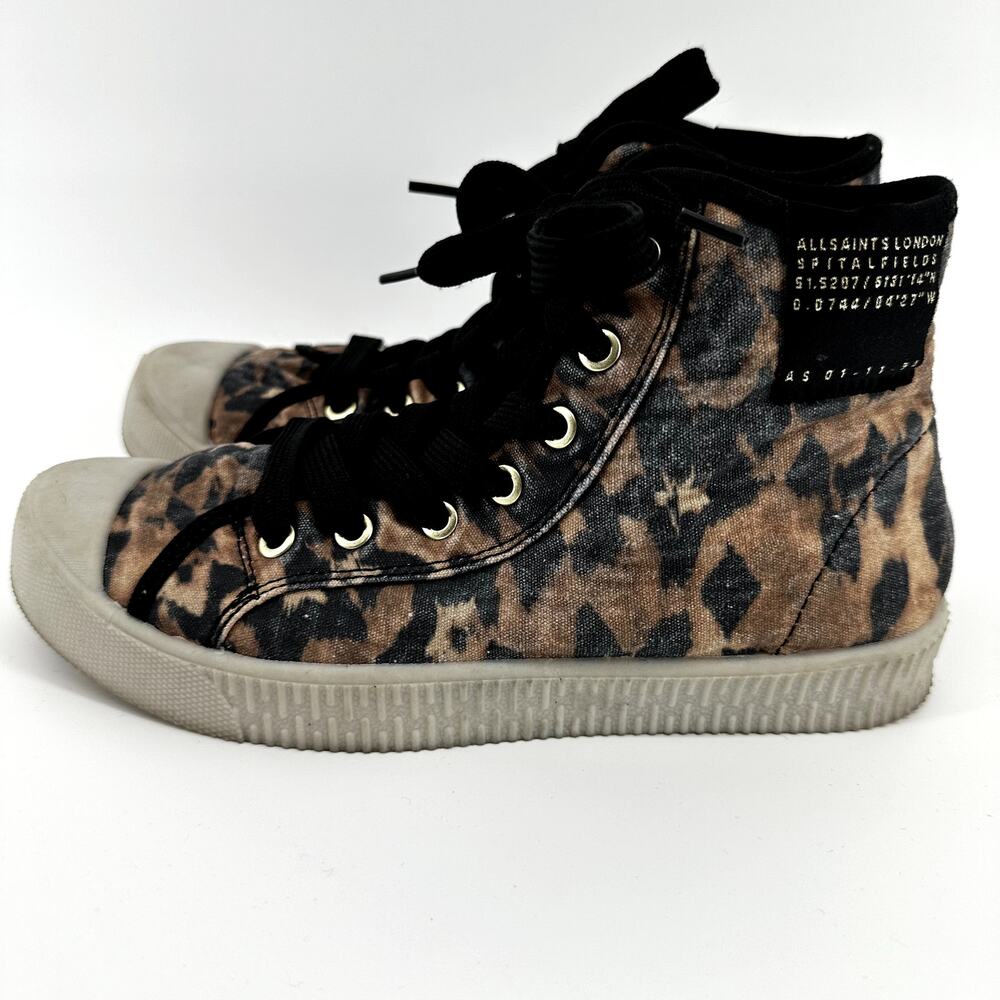 AllSaints Demmy Celia High Top Sneakers Leopard Canvas Round Toe Tan Black 8 - Picture 4 of 7
